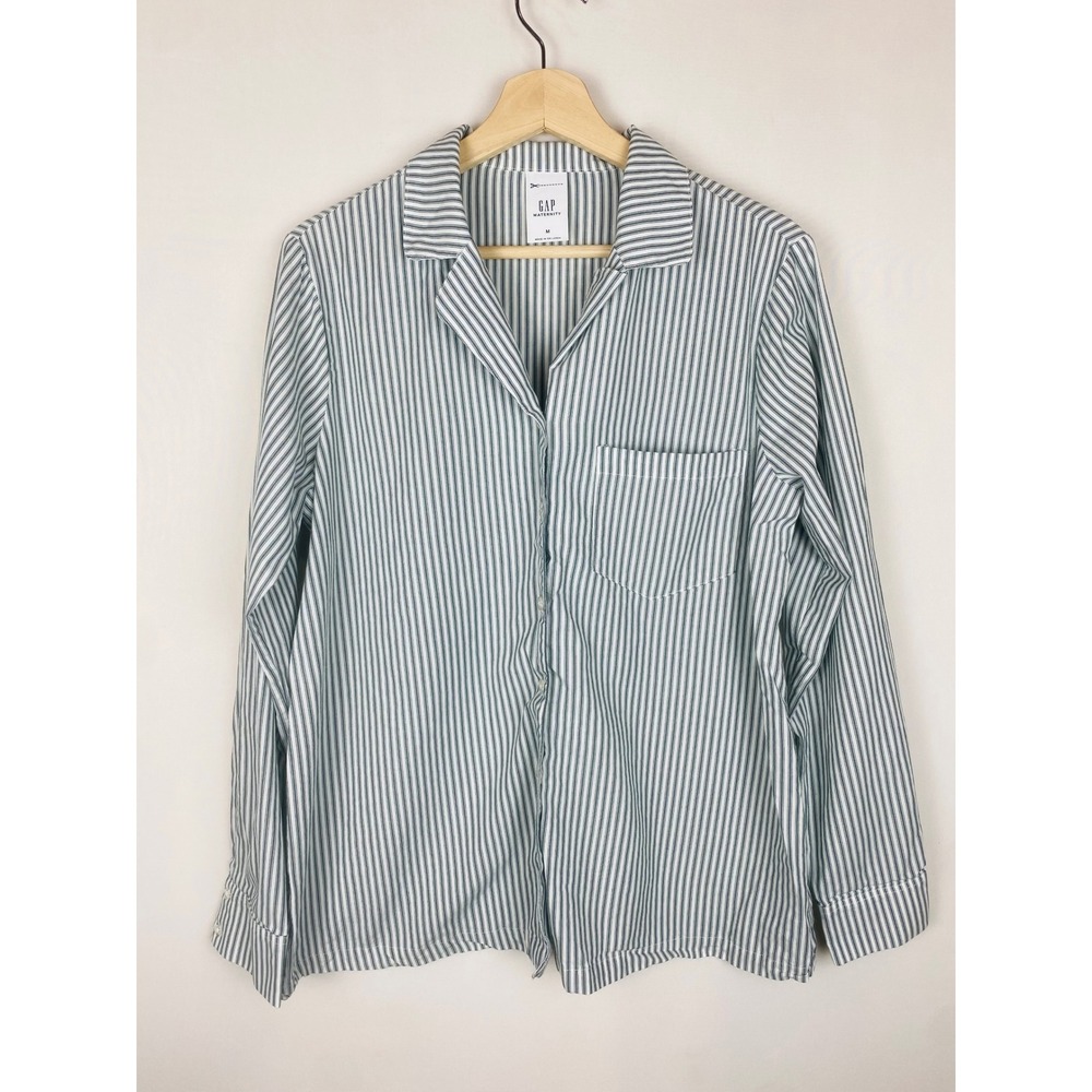 Gap Maternity‎ Top Medium Green White Striped Cotton Poplin Button Up Shirt